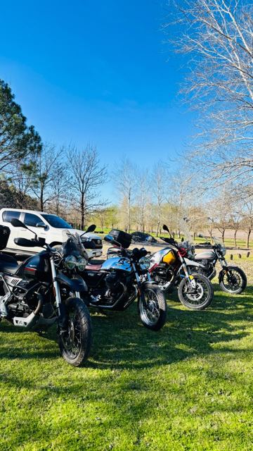 Una fila de Moto Guzzi en el campo, con la Grizzly entre ellas